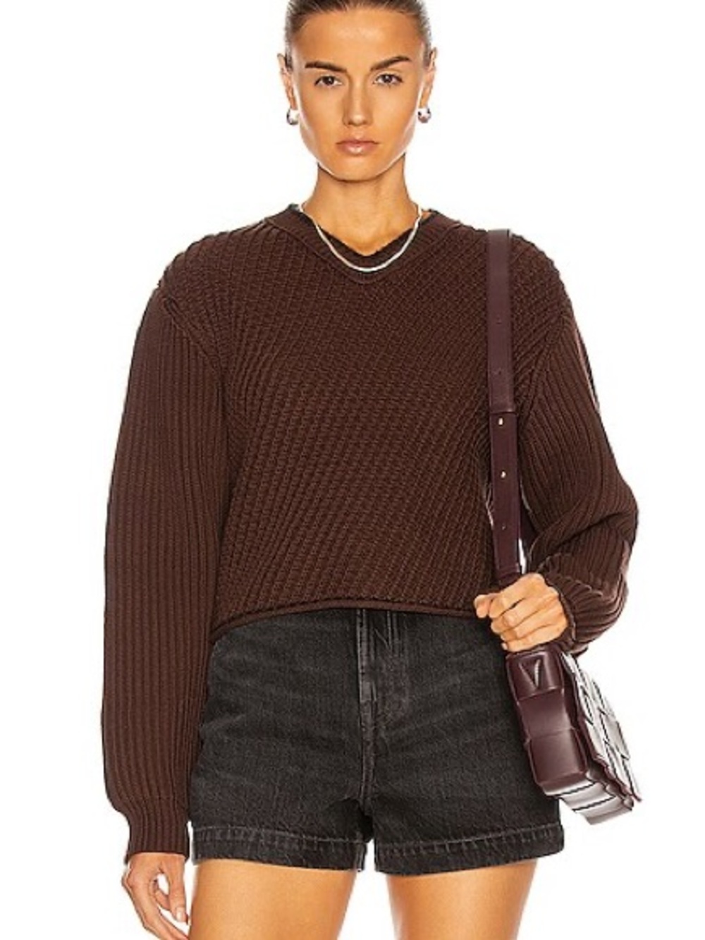 Acne Dark Brown Chunky Textured Rib-Knit Cropped Sweater